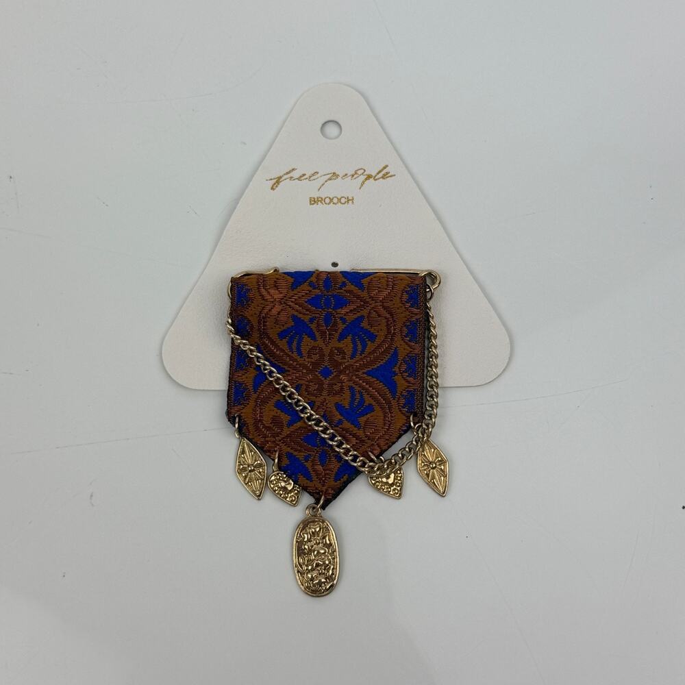 Free People Heirloom Brooch Women's Blue Brown Embroidered Design With Chain NWT